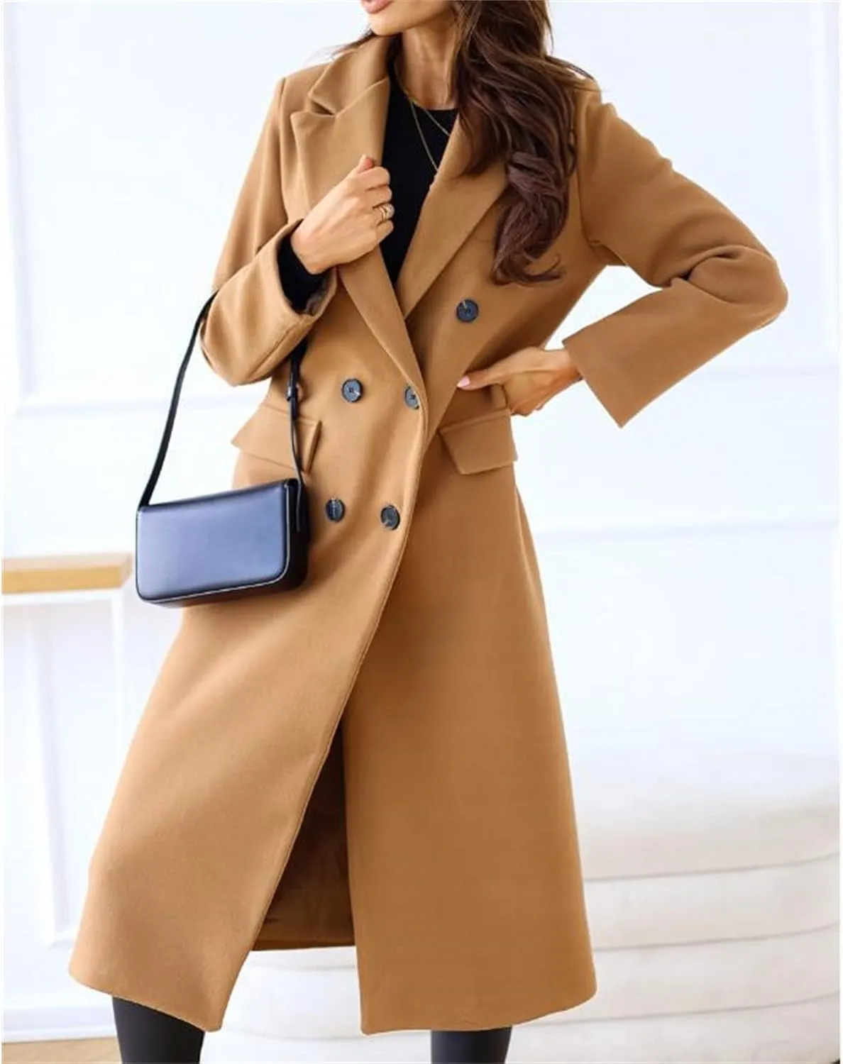 Maiyifu-GJ Wool Blend Coat for Women Notched Collar Double Breasted Trench Coat Fall Winter Elegant Long Jacket Outerwear