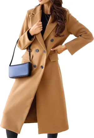 Maiyifu-GJ Wool Blend Coat for Women Notched Collar Double Breasted Trench Coat Fall Winter Elegant Long Jacket Outerwear