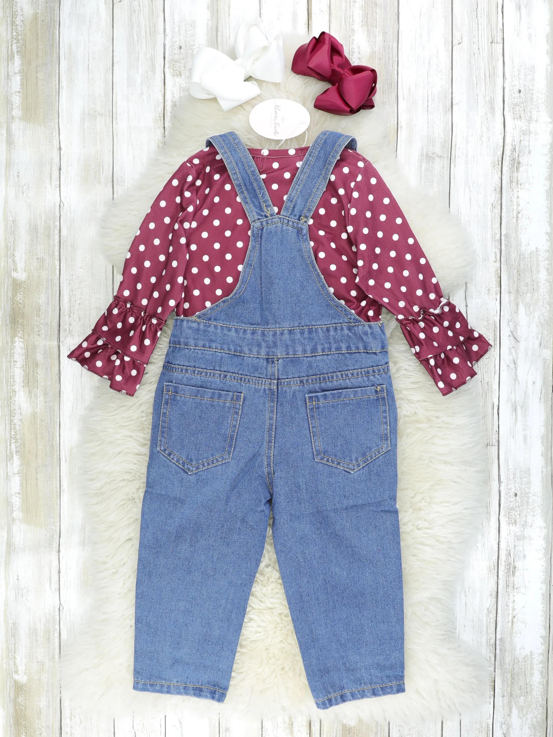 Maroon Polka Dot Ruffle Top & Distressed Denim Overall Outfit