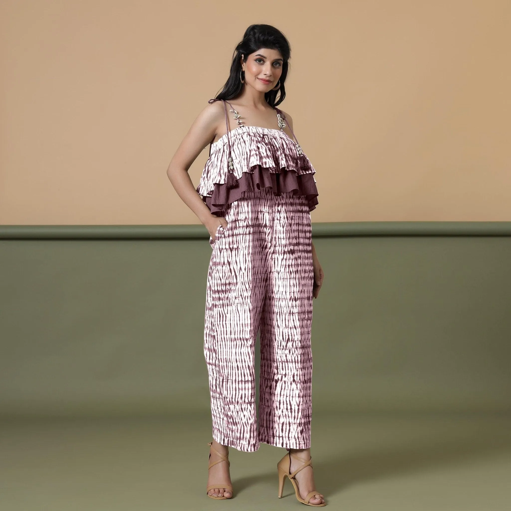 Maroon Tie-Dye Cotton Strap Sleeve Frilled Camisole Jumpsuit