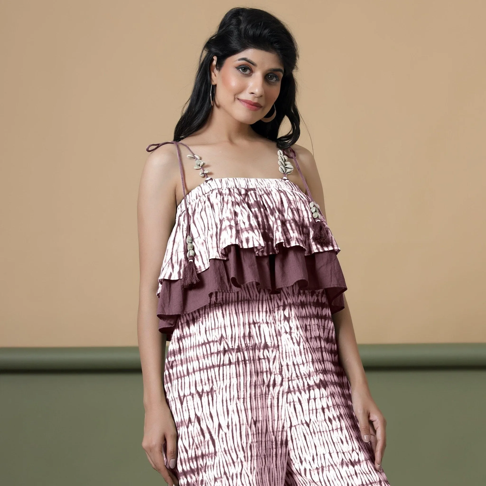 Maroon Tie-Dye Cotton Strap Sleeve Frilled Camisole Jumpsuit