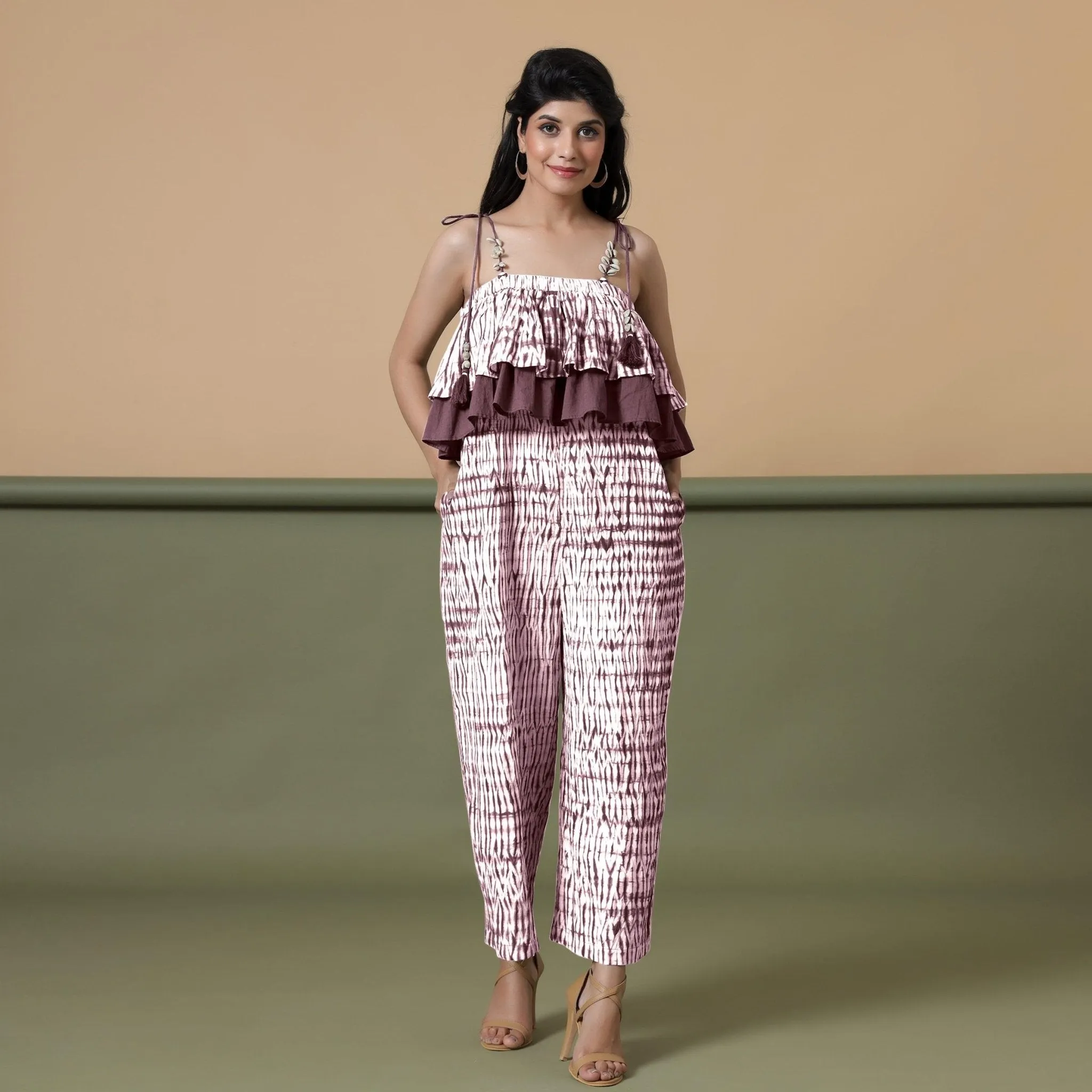Maroon Tie-Dye Cotton Strap Sleeve Frilled Camisole Jumpsuit