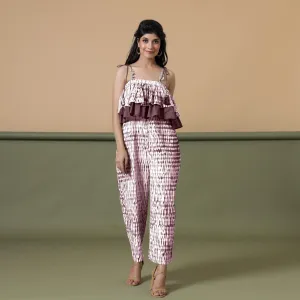 Maroon Tie-Dye Cotton Strap Sleeve Frilled Camisole Jumpsuit