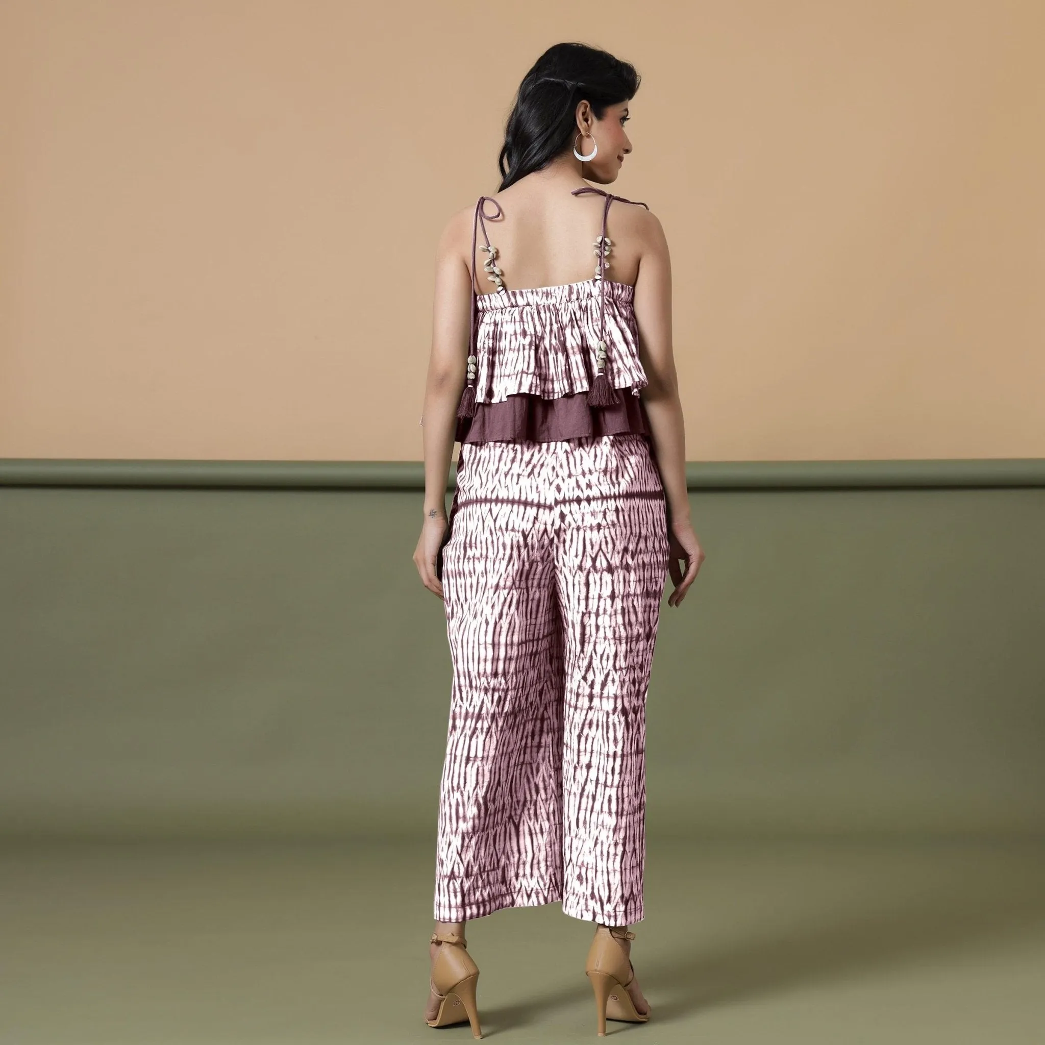 Maroon Tie-Dye Cotton Strap Sleeve Frilled Camisole Jumpsuit