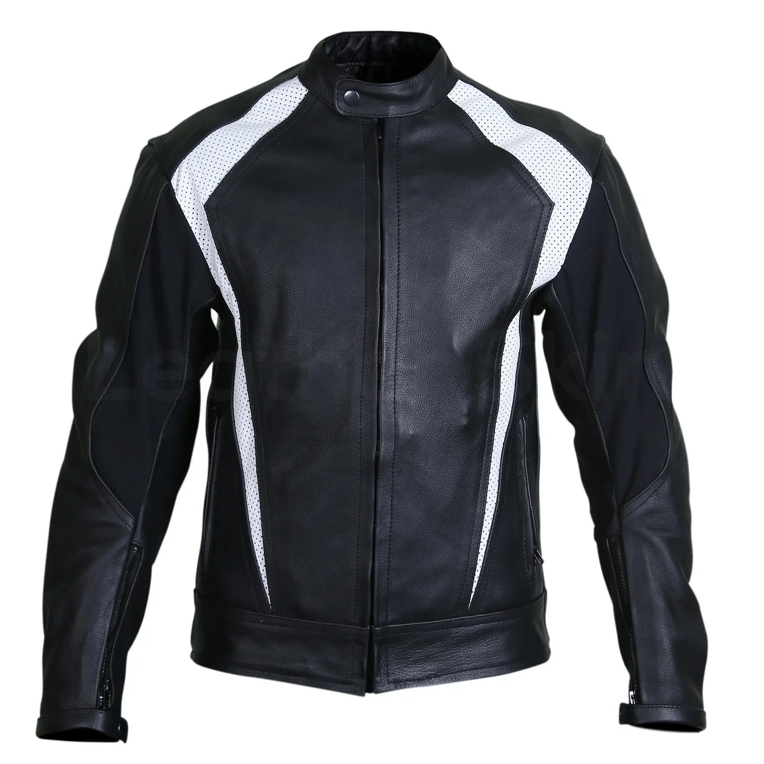 Men Black Biker Motorcycle Leather Jacket with White Perforated Stripe Panels