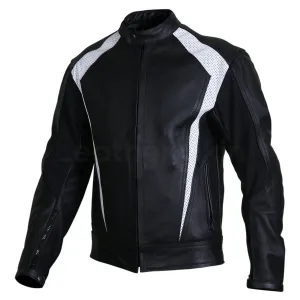 Men Black Biker Motorcycle Leather Jacket with White Perforated Stripe Panels