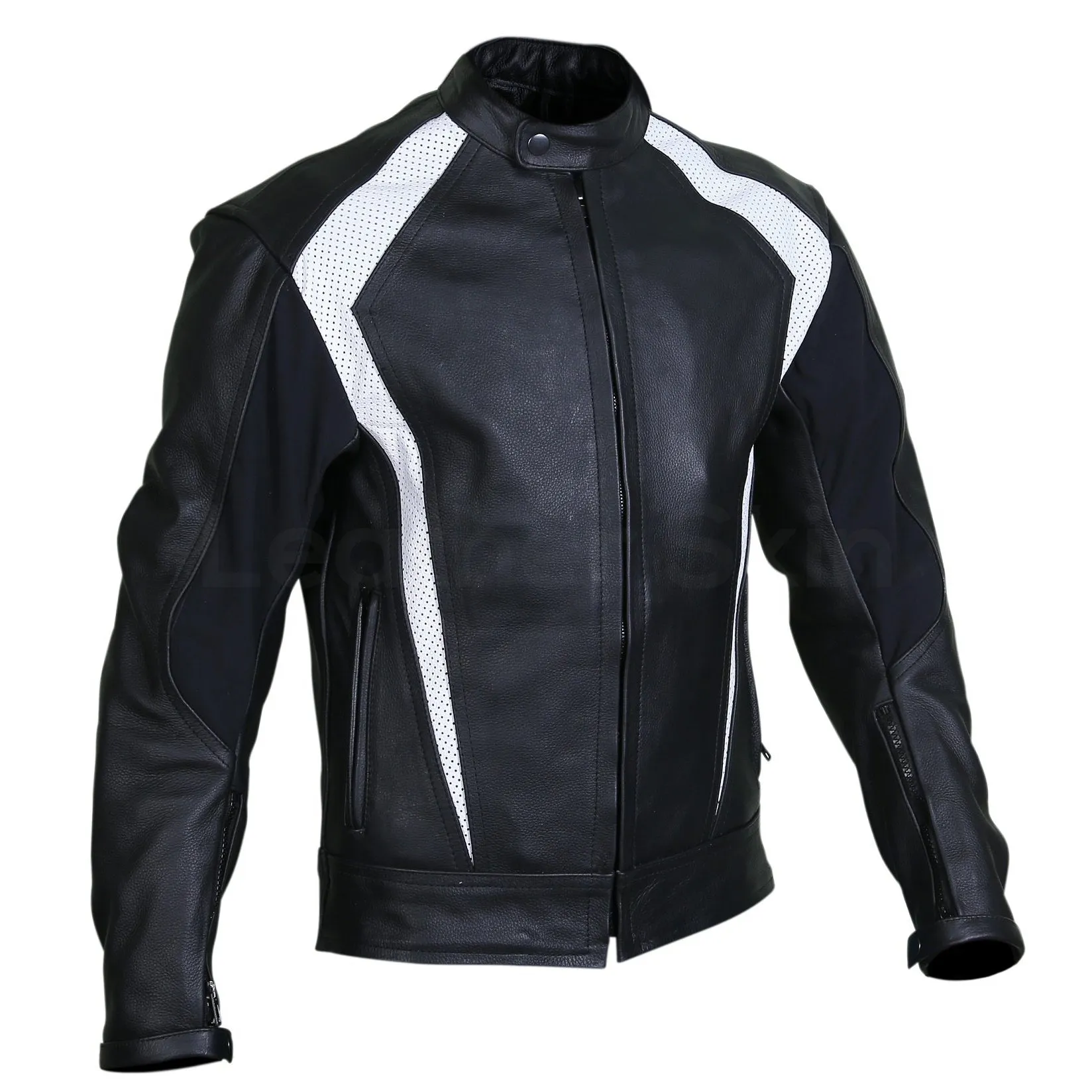 Men Black Biker Motorcycle Leather Jacket with White Perforated Stripe Panels