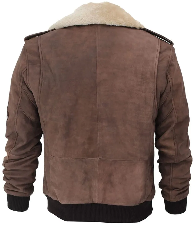 Men Brown Leather Bomber Aviator Shearling Jacket with Removable Collar