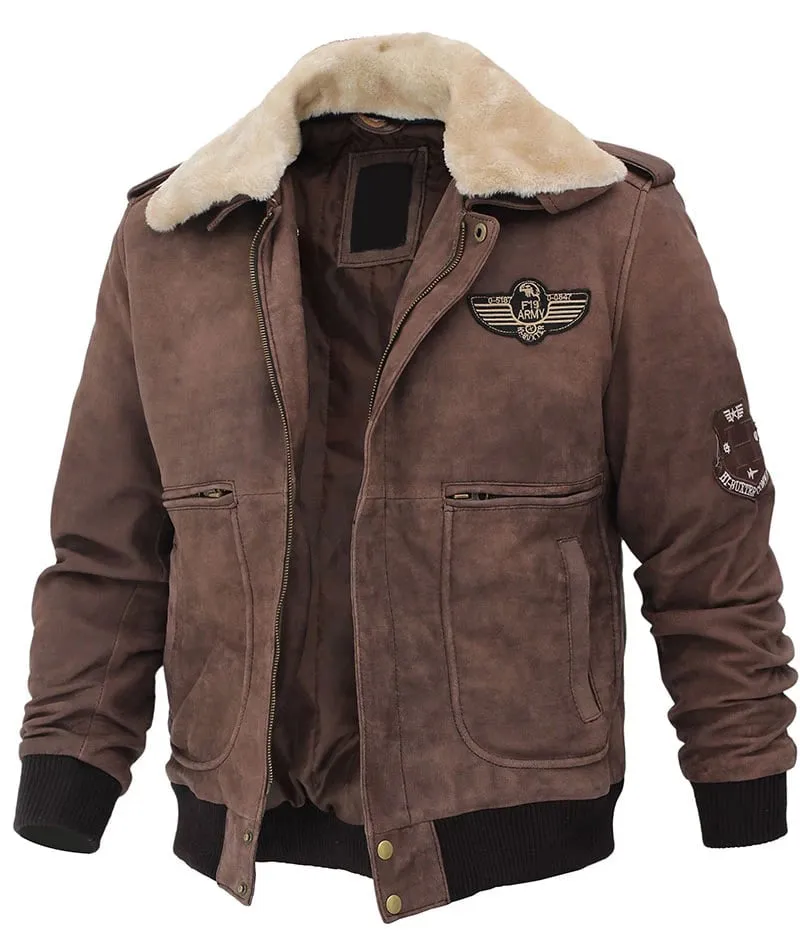 Men Brown Leather Bomber Aviator Shearling Jacket with Removable Collar