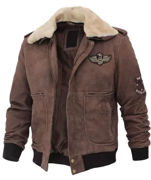 Men Brown Leather Bomber Aviator Shearling Jacket with Removable Collar