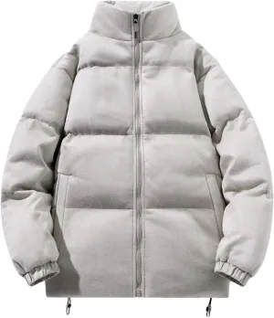 Men Puffer Down Jacket Oversized Trendy Stand Collar Puffy Jacket Full Zipper Warm Winter Coat Outerwear with Pockets
