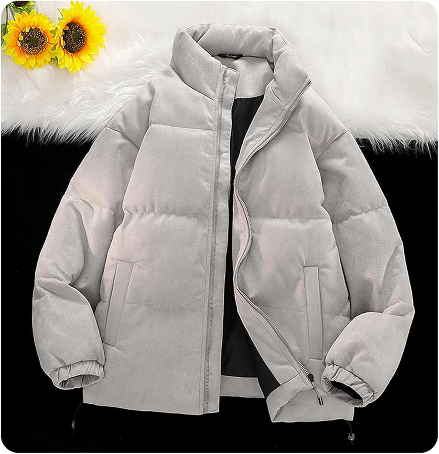 Men Puffer Down Jacket Oversized Trendy Stand Collar Puffy Jacket Full Zipper Warm Winter Coat Outerwear with Pockets