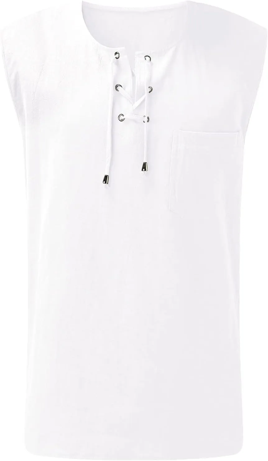 Mens Beach Shirts Summer Casual Baggy Cotton Linen Sleeveless Tee Shirts V-Neck Drawstring Fashion Hippie Tank Tops