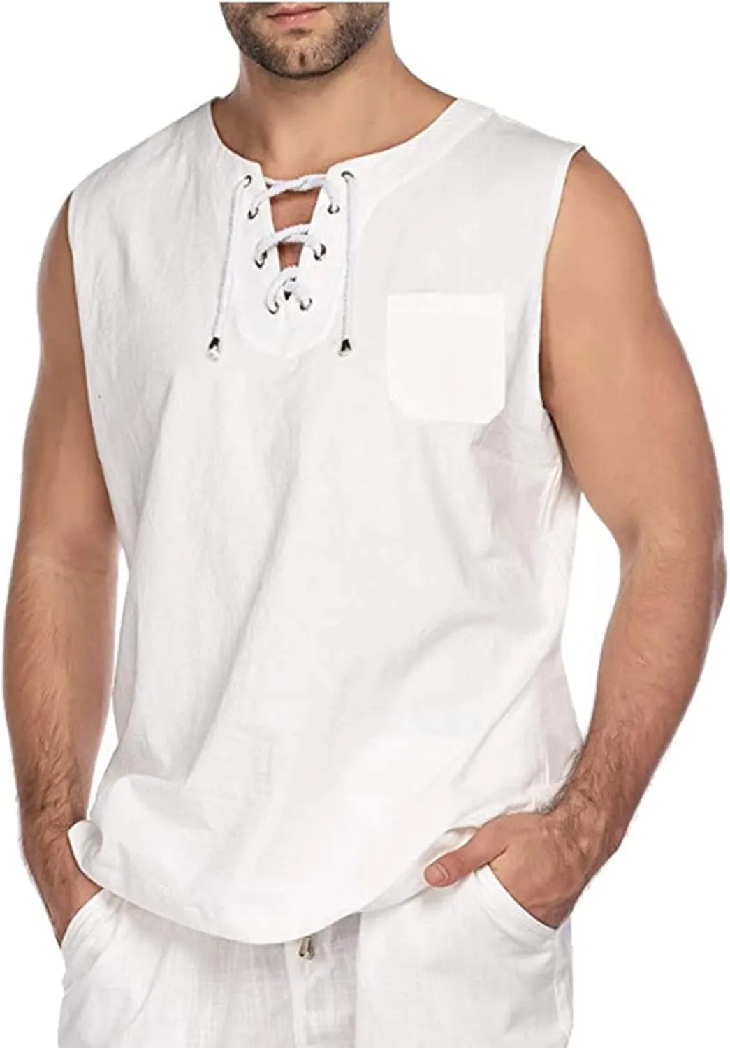 Mens Beach Shirts Summer Casual Baggy Cotton Linen Sleeveless Tee Shirts V-Neck Drawstring Fashion Hippie Tank Tops