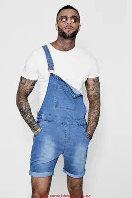 Men's Bib Overalls Denim Shorts Jean Romper Workout Jumpsuit