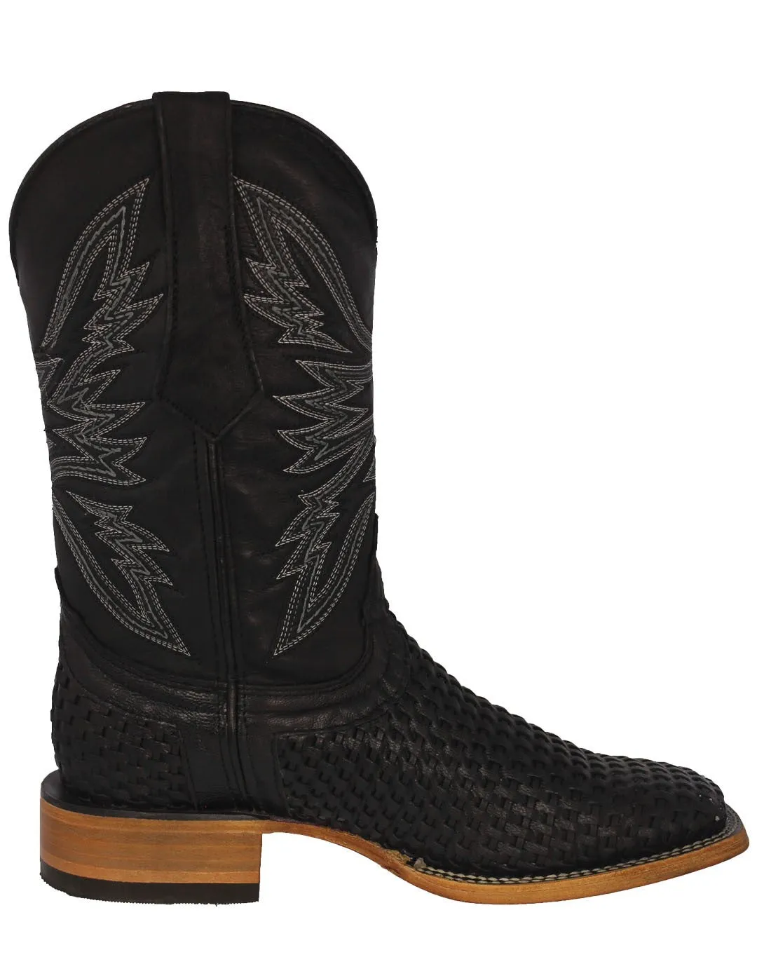 Mens Black Western Cowboy Boots Woven Leather - Square Toe