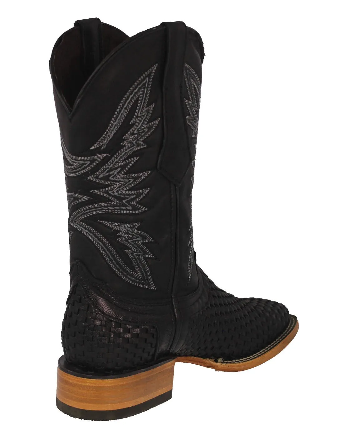 Mens Black Western Cowboy Boots Woven Leather - Square Toe