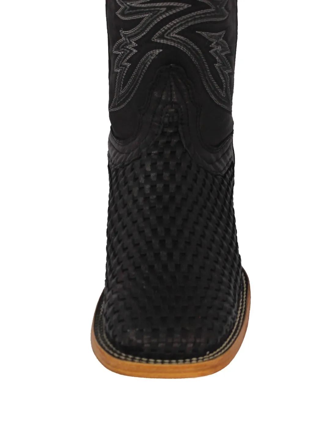 Mens Black Western Cowboy Boots Woven Leather - Square Toe
