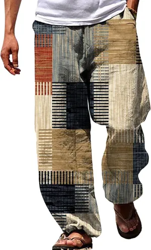 Men's Boho Cotton Linen Pants Casual Loose Fit Straight-Legs Stretchy Waist Beach Pants Athletic Sports Trousers