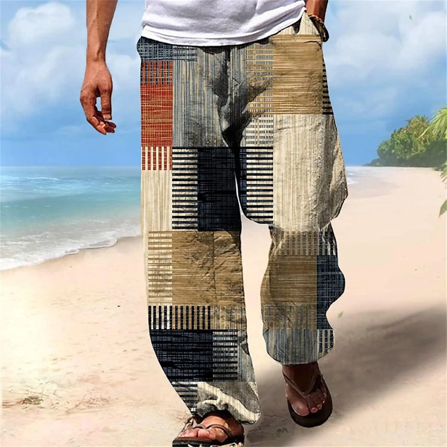 Men's Boho Cotton Linen Pants Casual Loose Fit Straight-Legs Stretchy Waist Beach Pants Athletic Sports Trousers