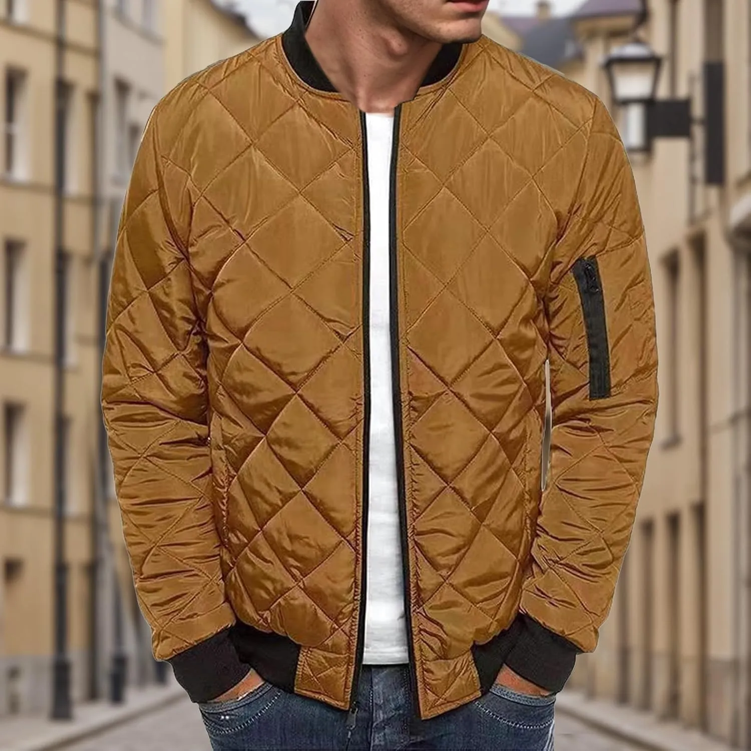 Mens Bomber Jackets Diamond Quilted Fall Winter Rib Varsity Lightweight Jacket Warm Padded Coats Outwear with Pockets