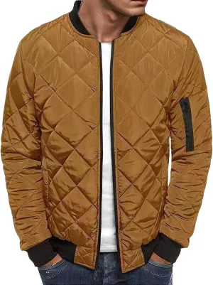 Mens Bomber Jackets Diamond Quilted Fall Winter Rib Varsity Lightweight Jacket Warm Padded Coats Outwear with Pockets