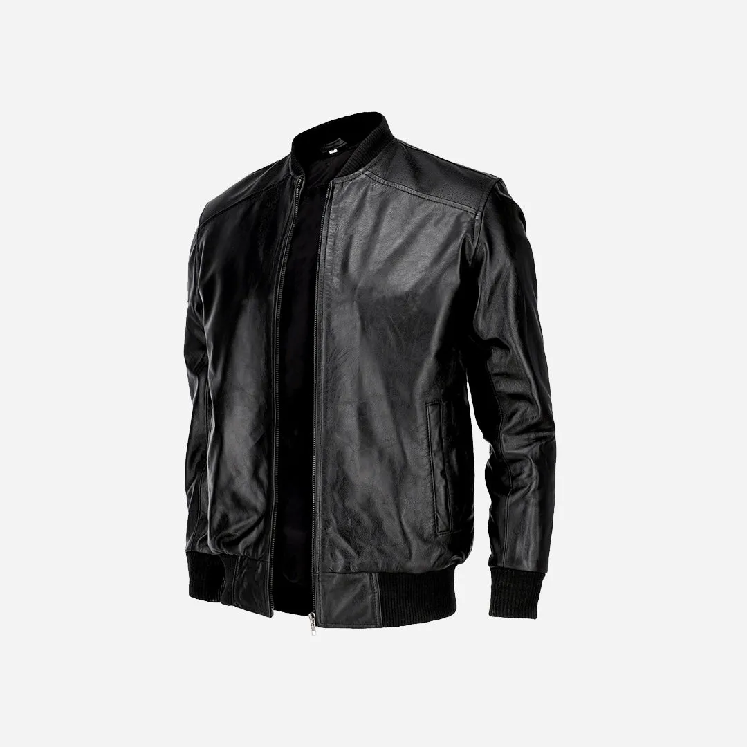 Men's Bomber Style Genuine Black Leather Motorcycle Jacket