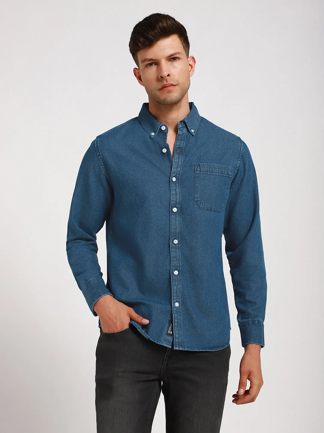 Men's Button Down Collar Slim Fit Washed Indigo Denim Shirt