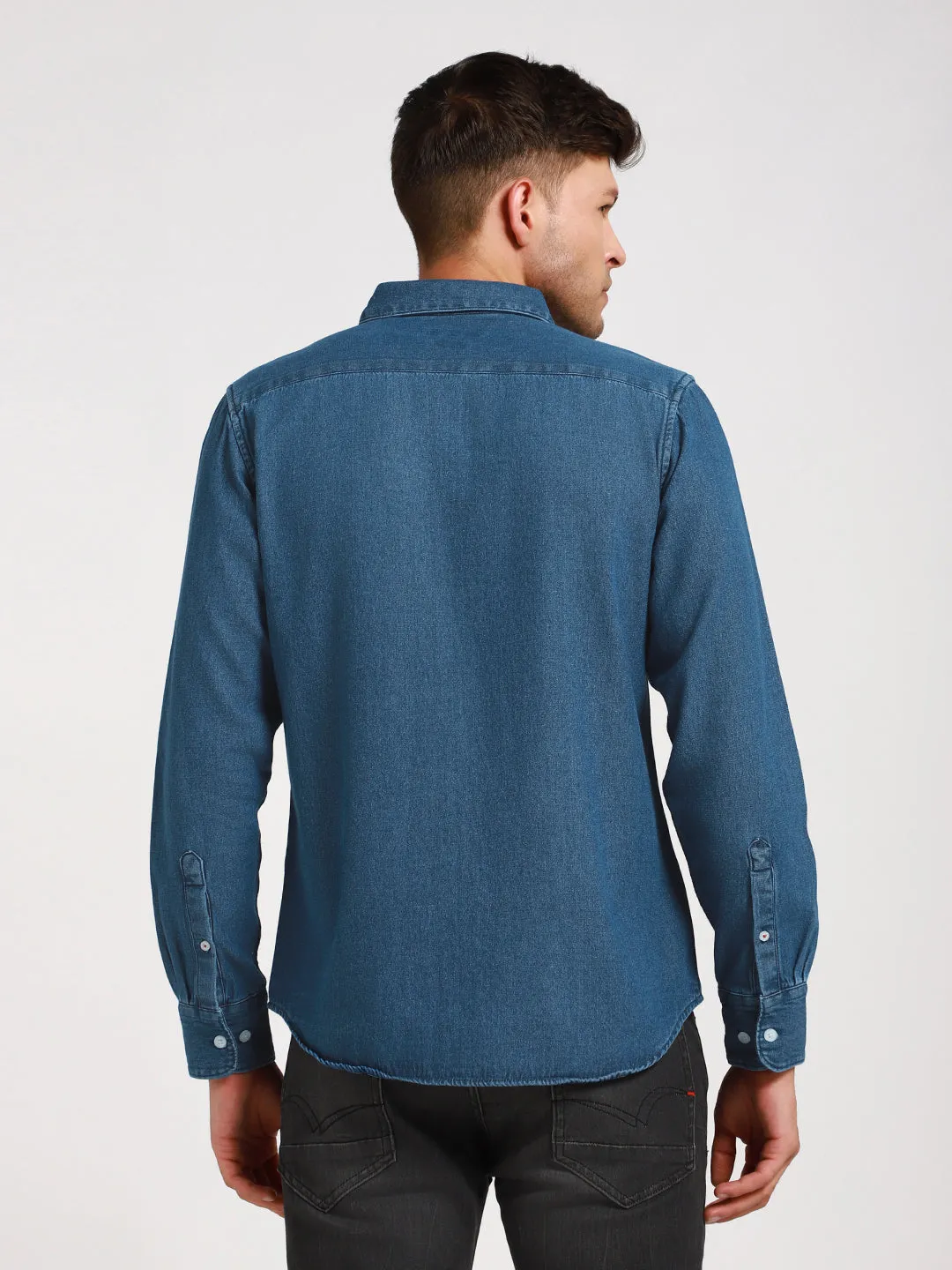 Men's Button Down Collar Slim Fit Washed Indigo Denim Shirt