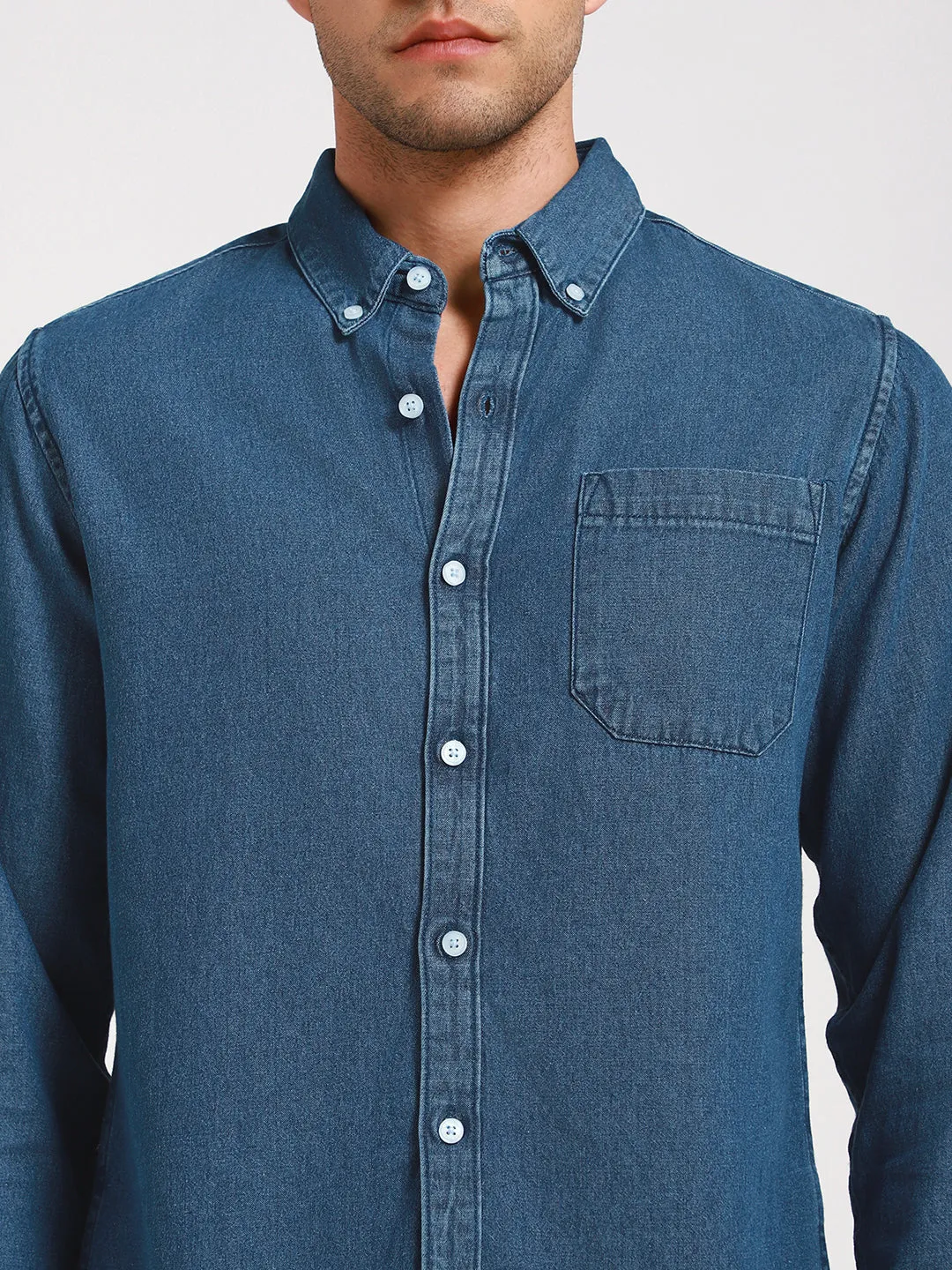 Men's Button Down Collar Slim Fit Washed Indigo Denim Shirt
