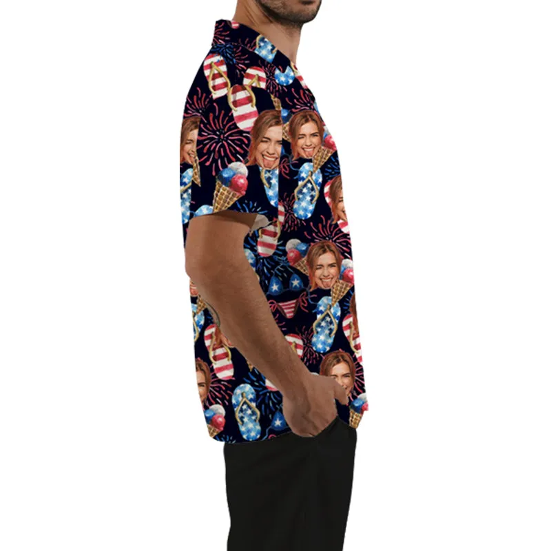 Men's Button Down Short Sleeve 4th of July Patriotic USA Flag Printed Hawaiian Shirt
