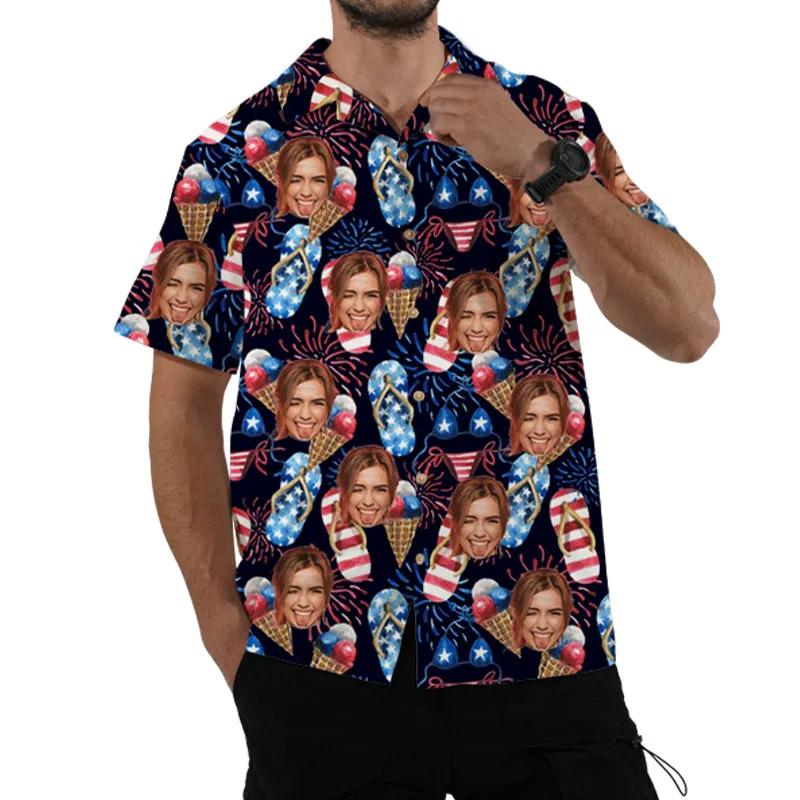 Men's Button Down Short Sleeve 4th of July Patriotic USA Flag Printed Hawaiian Shirt