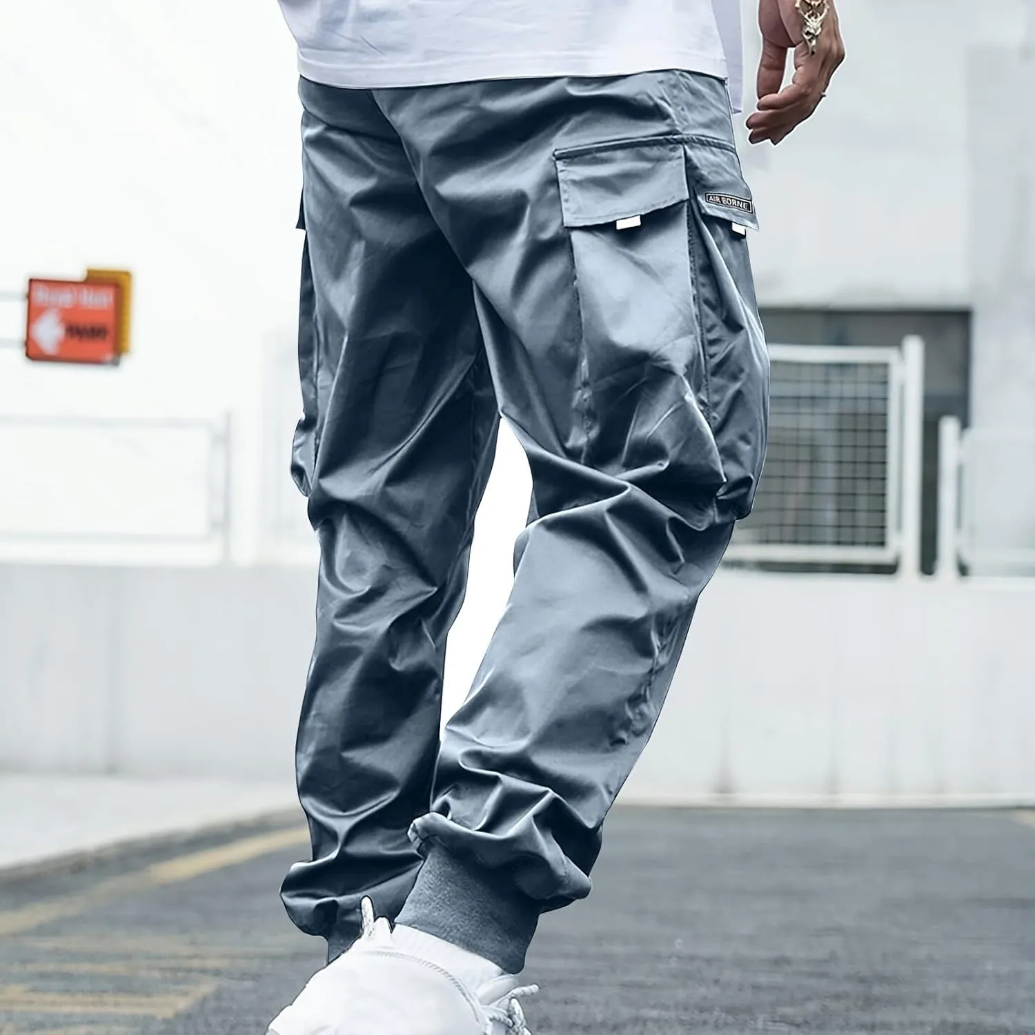 Mens Cargo Pants Stretch Baggy Drawstring Waist Work Hiking Pants Casual Loose Outdoor Pants with Multiple Pockets