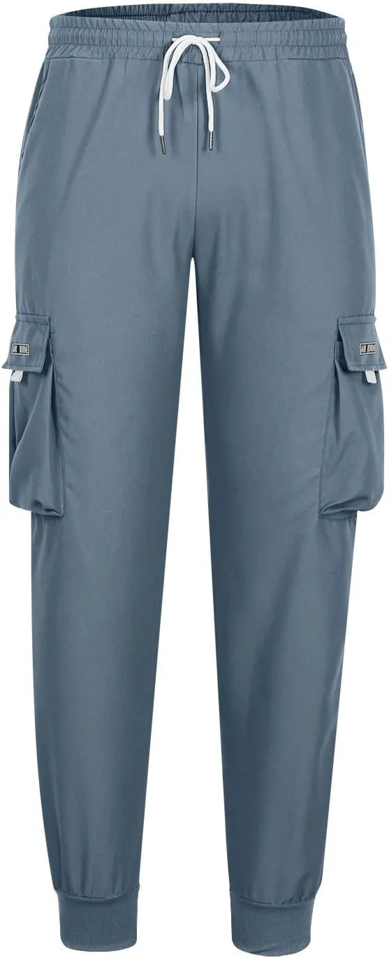Mens Cargo Pants Stretch Baggy Drawstring Waist Work Hiking Pants Casual Loose Outdoor Pants with Multiple Pockets