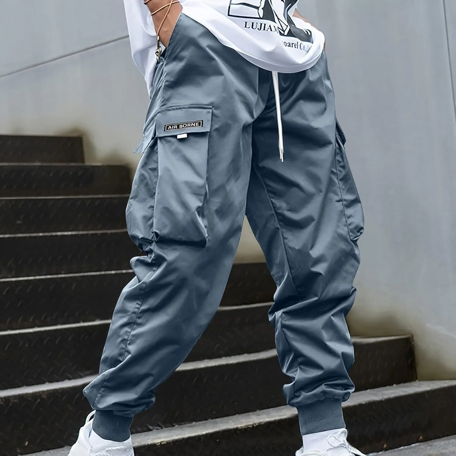 Mens Cargo Pants Stretch Baggy Drawstring Waist Work Hiking Pants Casual Loose Outdoor Pants with Multiple Pockets