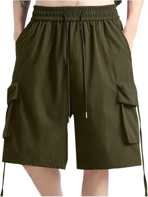 Mens Cargo Shorts Baggy Solid Color Beach Shorts Multiple Pockets Work Shorts Elastic Waist Drawstring Athletic Shorts