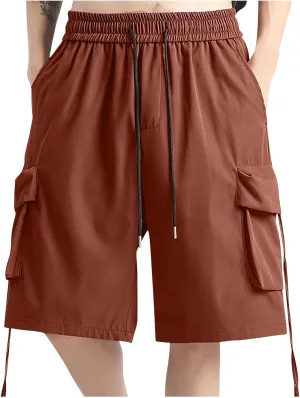 Mens Cargo Shorts Baggy Solid Color Beach Shorts Multiple Pockets Work Shorts Elastic Waist Drawstring Athletic Shorts
