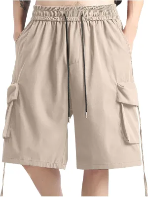 Mens Cargo Shorts Baggy Solid Color Beach Shorts Multiple Pockets Work Shorts Elastic Waist Drawstring Athletic Shorts