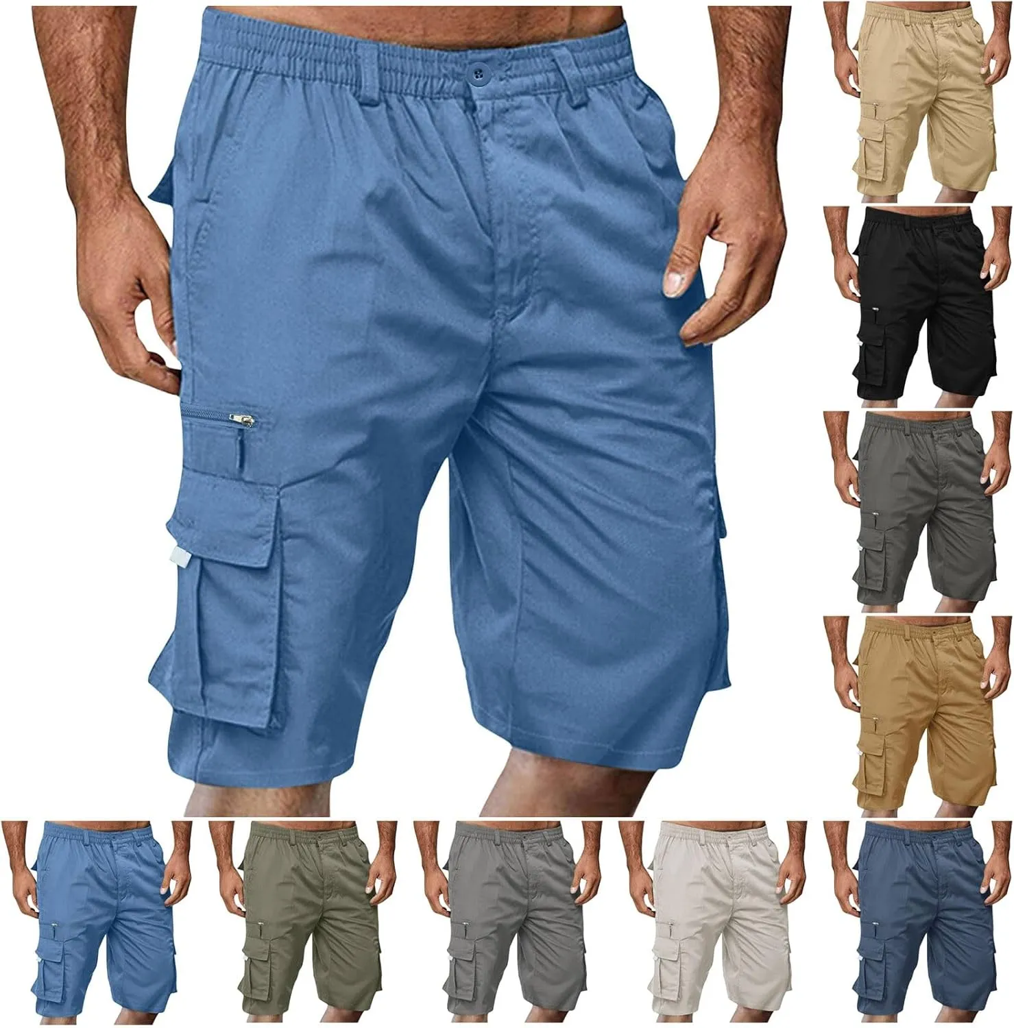 Mens Cargo Shorts Casual Summer Beach Vacation Shorts Elastic Waist Drawstring Summer Work Shorts Loose Shorts