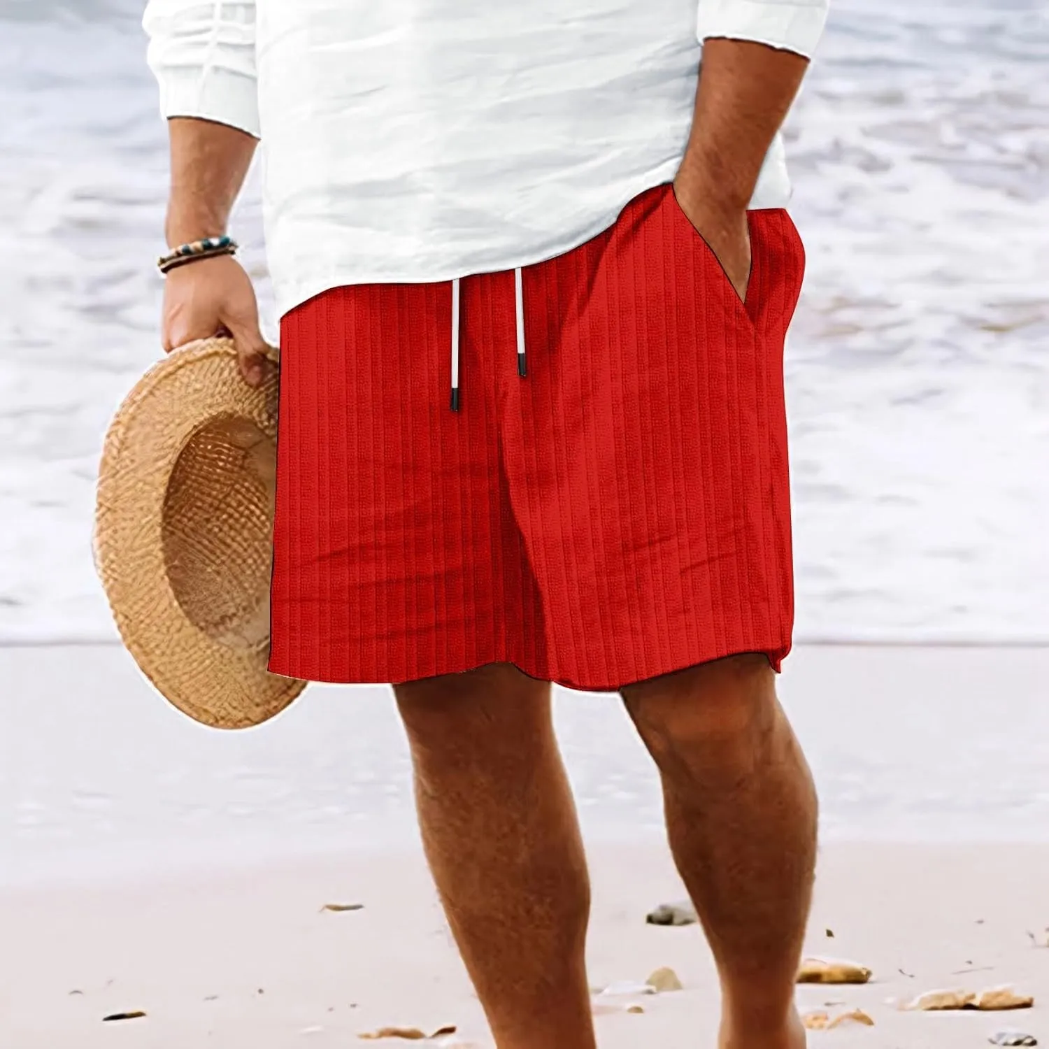Mens Cargo Shorts Casual Summer Beach Vacation Shorts Elastic Waist Drawstring Summer Work Shorts Loose Shorts