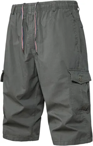 Men's Cargo Shorts Casual Twill Elastic 3/4 Capri Pants Below Knee Long Shorts with 7 Pockets Cargo Capris Men Summer Shorts