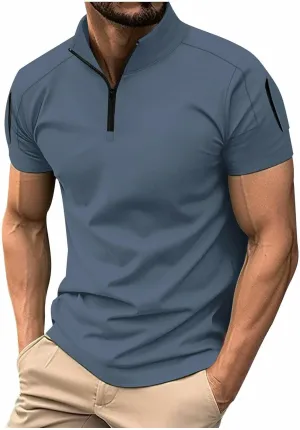 Mens Casual Business 1/4 Zipper Shirts Short Sleeve Stand Collar Muscle Pullover Tops Outdoor Athletic Golf Shirt