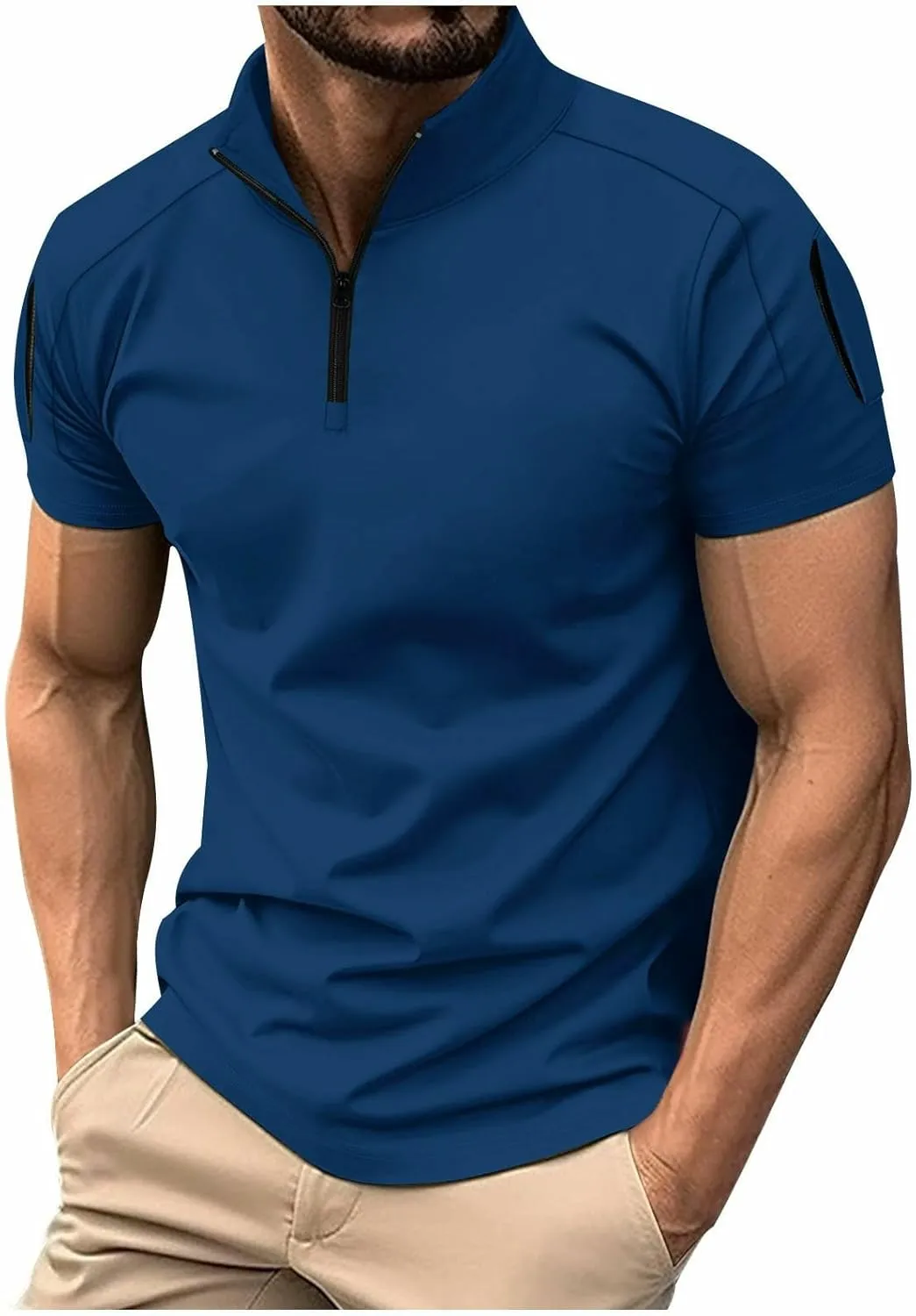 Mens Casual Business 1/4 Zipper Shirts Short Sleeve Stand Collar Muscle Pullover Tops Outdoor Athletic Golf Shirt