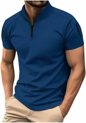 Mens Casual Business 1/4 Zipper Shirts Short Sleeve Stand Collar Muscle Pullover Tops Outdoor Athletic Golf Shirt