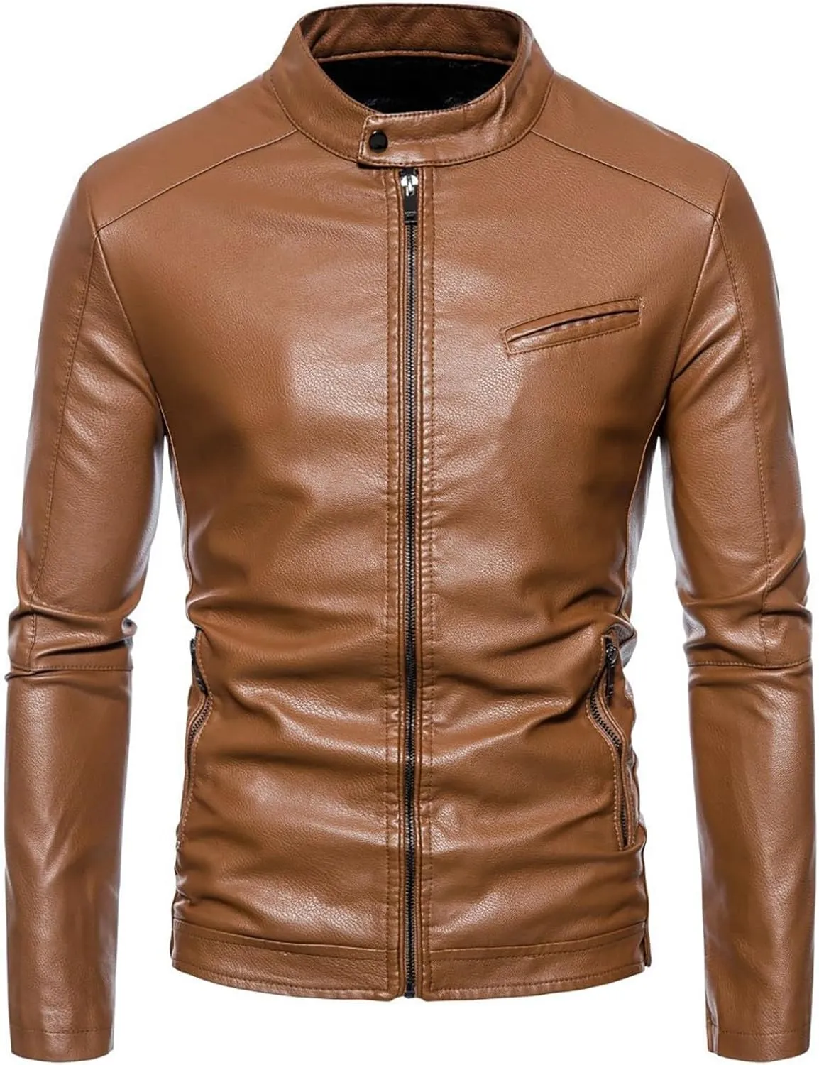 Men's Casual Faux Leather Jacket Stand Collar Zip-up Biker Motorcycle Jackets Classic Bomber Jackets Coat with Pocket