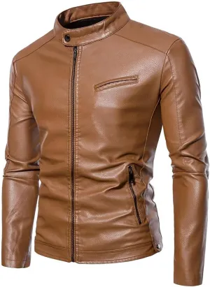 Men's Casual Faux Leather Jacket Stand Collar Zip-up Biker Motorcycle Jackets Classic Bomber Jackets Coat with Pocket