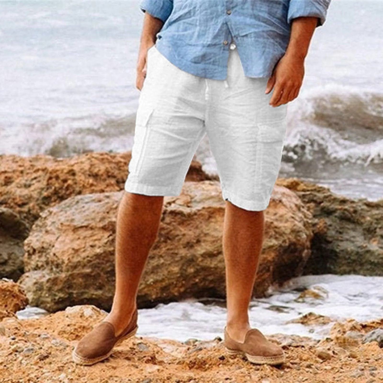Men's Casual Hawaiian Cotton Linen Multi-Pocket Shorts