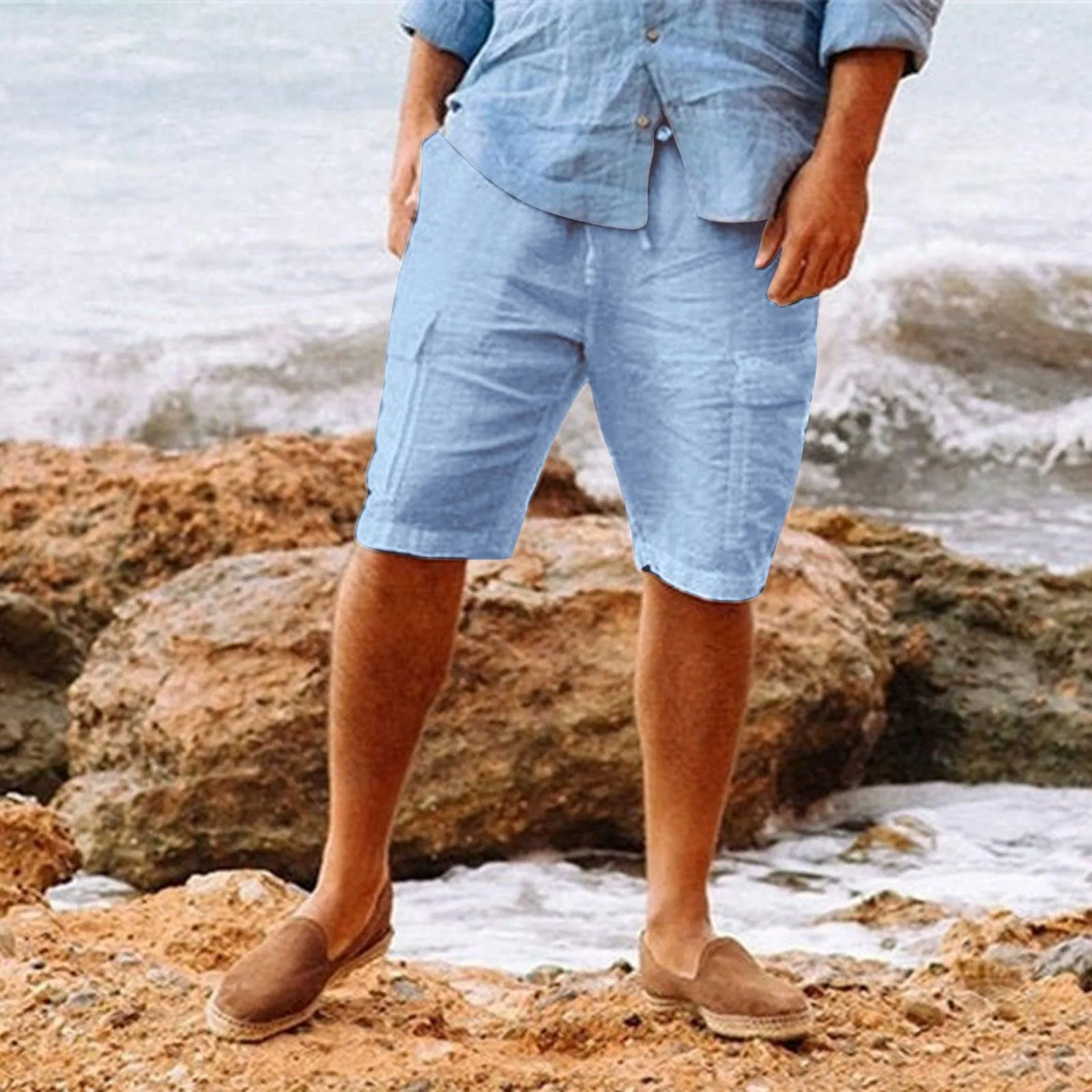 Men's Casual Hawaiian Cotton Linen Multi-Pocket Shorts