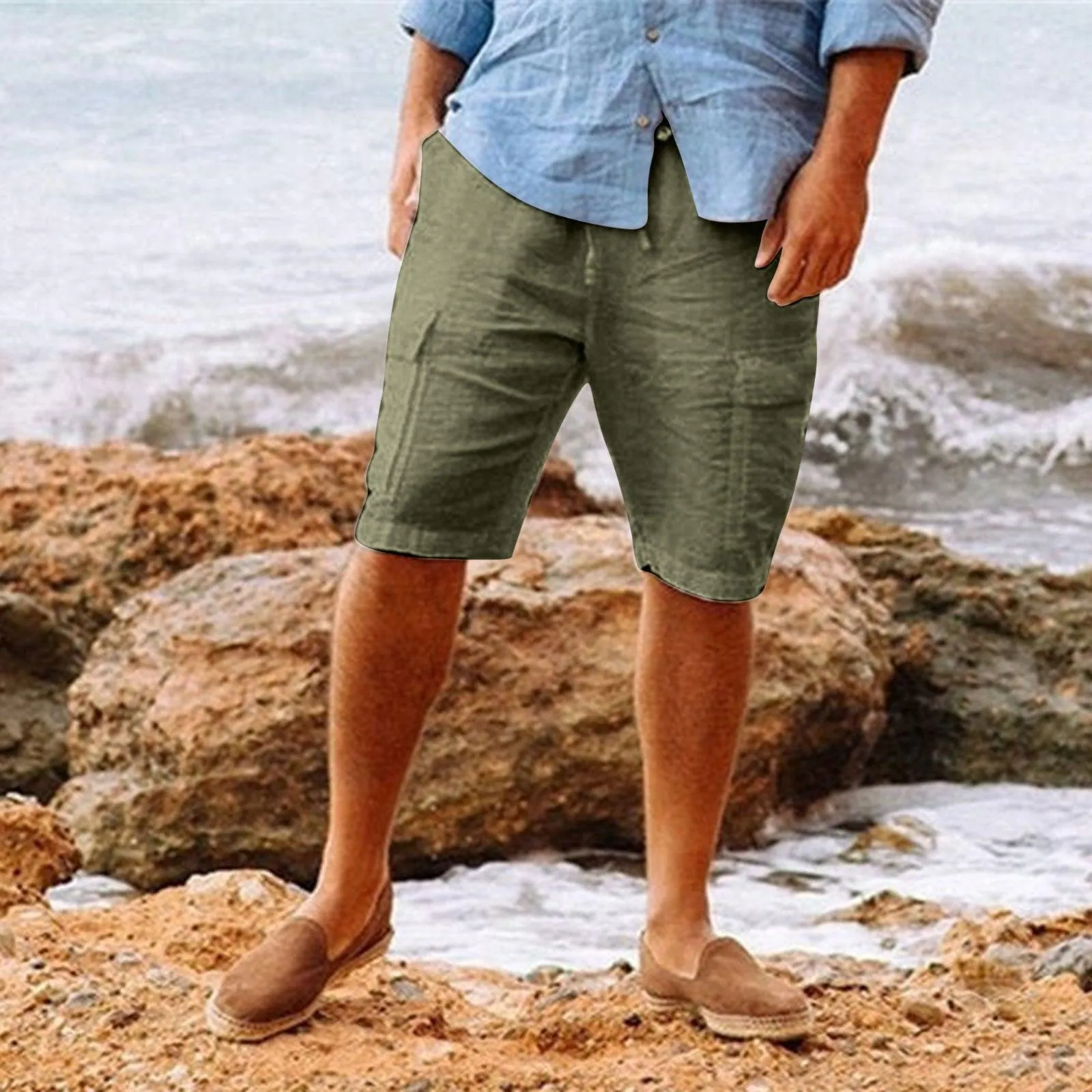 Men's Casual Hawaiian Cotton Linen Multi-Pocket Shorts