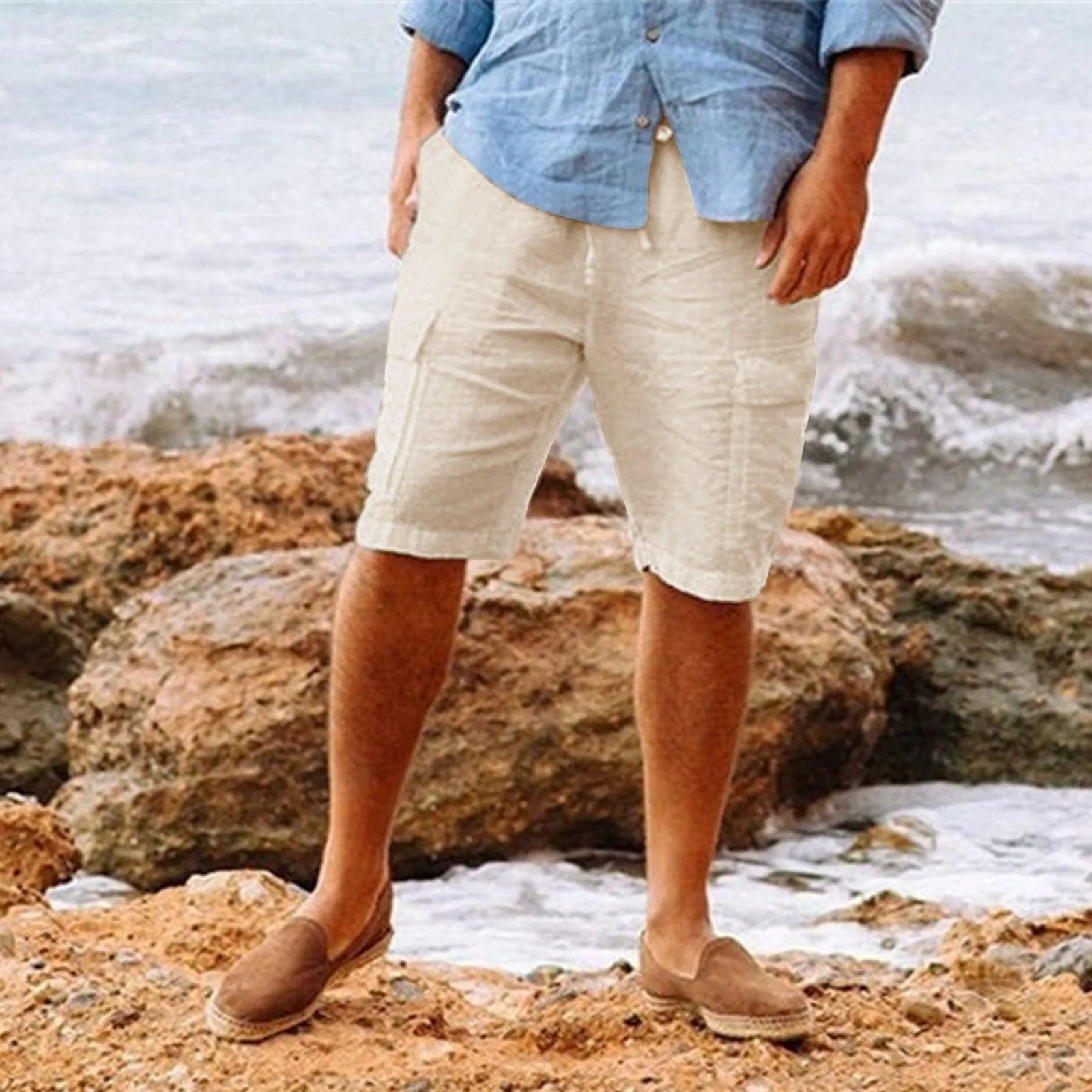 Men's Casual Hawaiian Cotton Linen Multi-Pocket Shorts